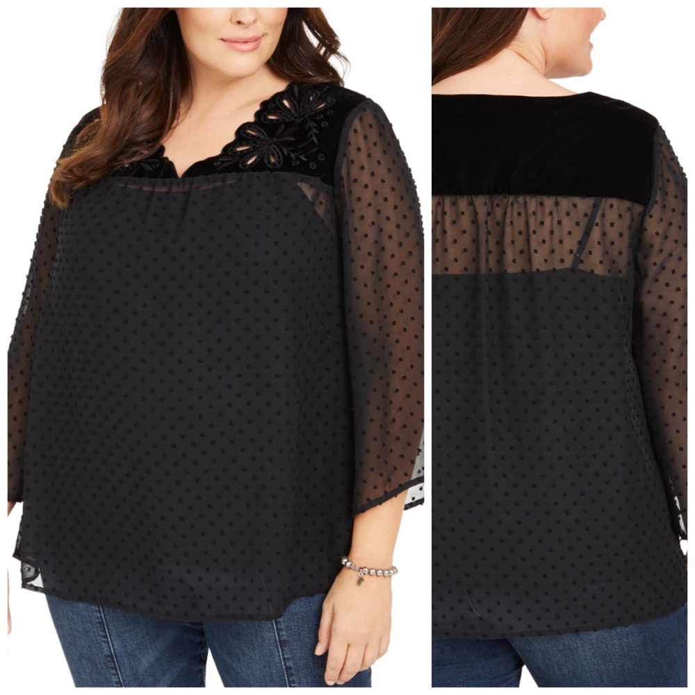 1X 2X3X Style & Co Black Swiss Dot Velvet Yoke Top